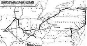 Black and white map showing the Lincoln funeral train route