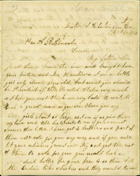 image of letter addressed to Abraham Lincoln and written by Grace Bedell in October 1860